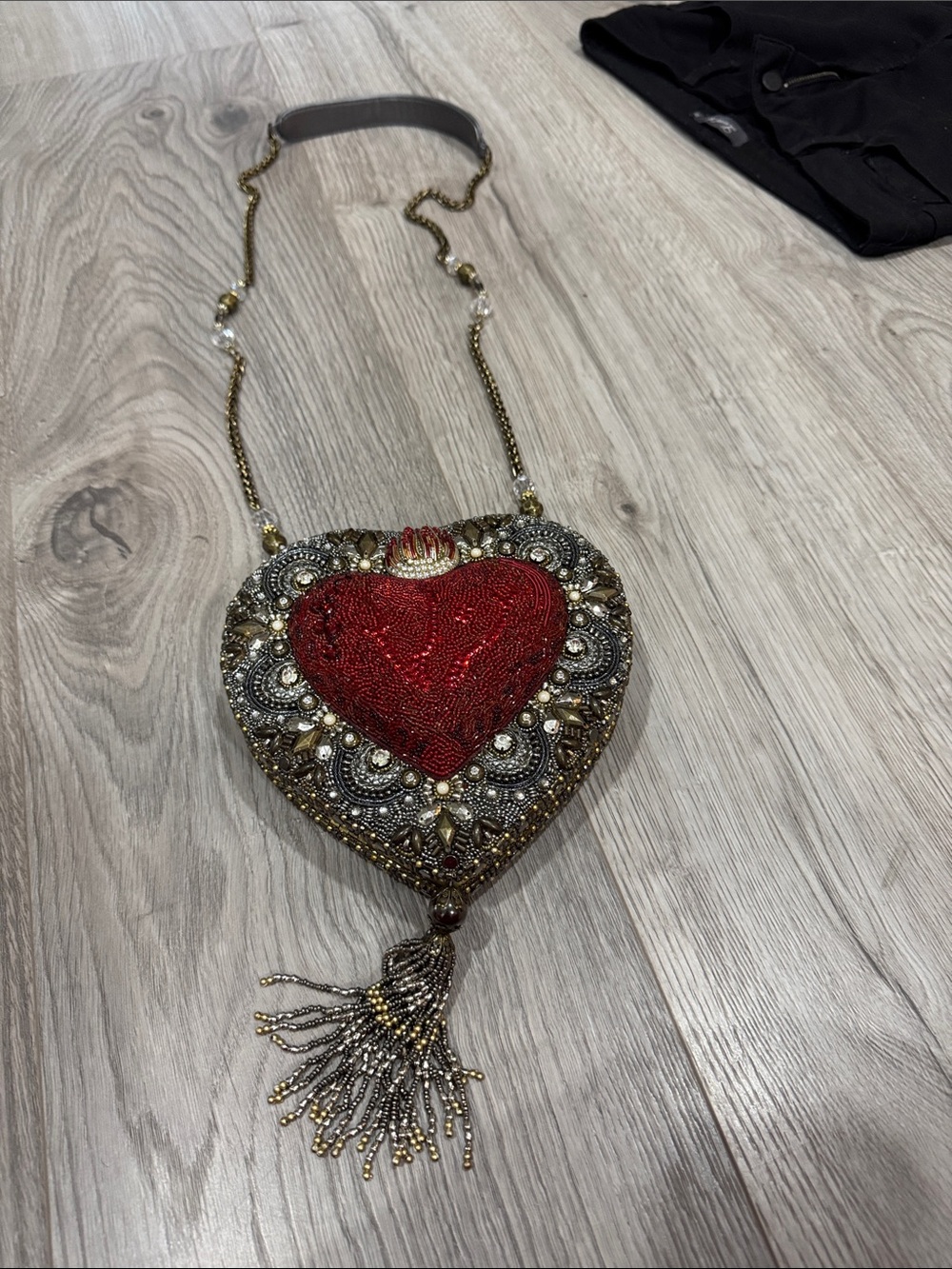Mary Frances Red and Gold Beaded Heart Crossbody with Tassel